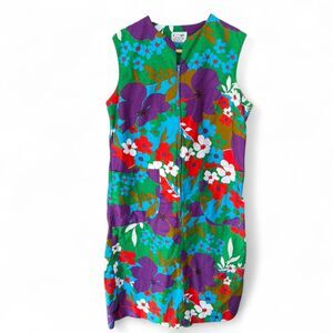 Vintage 60s/70s Styloungers Psychedelic Floral Zip Front Shift Dress size S